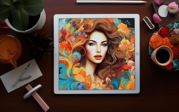 Digital illustration workspace with tablet and creative artwork